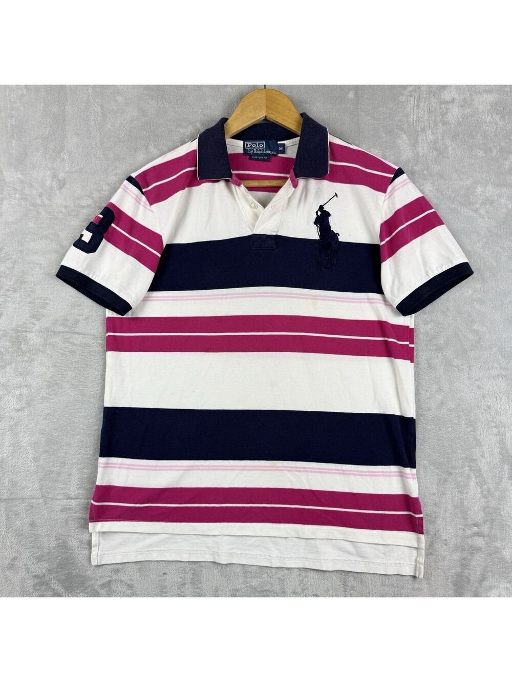 Polo Ralph Lauren Custom Fit Big Pony Polo Shirt White Pink Stripe Men's M Y2K